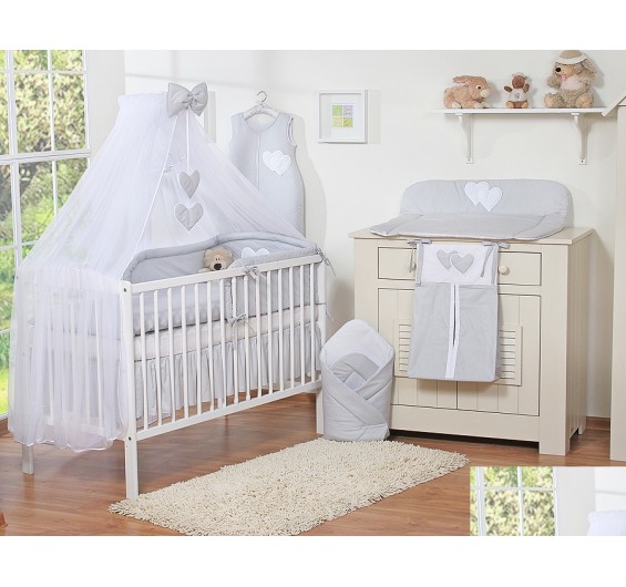 Conjunto de cama bebé  5 elementos coração cinza